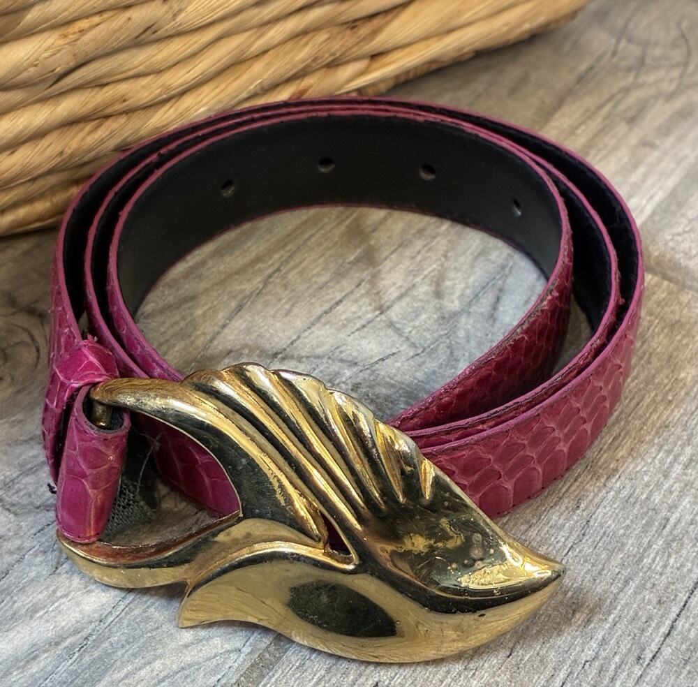 Vintage 80s Leather Shop Pink Genuine Snake Skin Belt Gold Wing Buckle Large